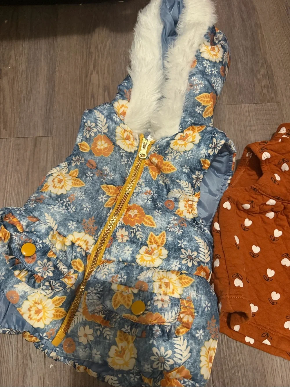 Girls' Blue Floral Puffer Jacket with Faux Fur Hood & Orange Heart Vest- 12 mth